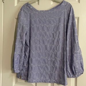 LOFT blue and white eyelet button back blouse